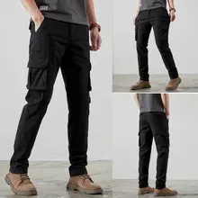 バイカラーデザインの黒い作業パンツ【スタイリッシュ・ストレートシルエット・多ポケット】