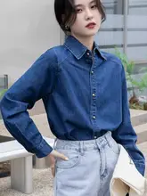 レトロスタイルのダークブルーデニムシャツ【女性用・春秋用・柔らかい素材・重ね着対応】
