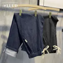 デニムパンツ メンズ ストレート ウエストゴム ドローコード ヴィンテージ タグ付き カジュアル ストリート オールシーズン 「LUUD」