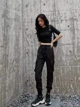 ハイウエスト黒色カーゴパンツ【春用・スリム効果・ストリートスタイル・ジョガーパンツ】（セットアップ対応）