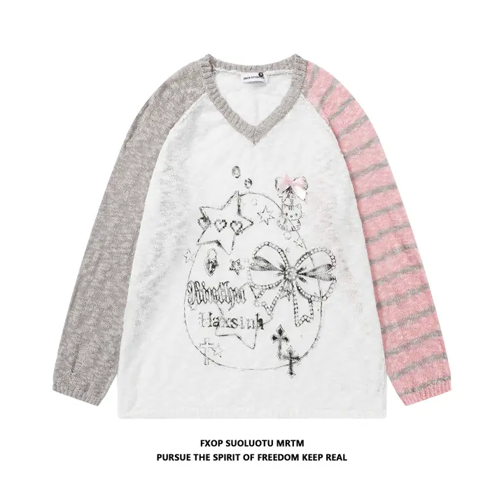 猫柄リボンデザインのストライプVネック長袖Tシャツ【ゆったりシルエット・カジュアルスタイル】（セットアップ対応）
