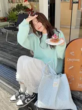 ストライプデザインの大容量エコバッグ【コットン素材・ヴィンテージスタイル・肩掛けタイプ】