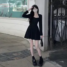 大きいサイズ フレンチスタイル ブラックスクエアネックワンピース【ウエストシェイプ・気品あるデザイン】