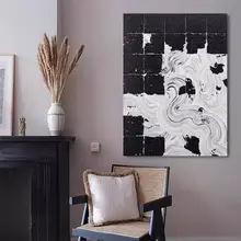 抽象シンプルデザインのリビング用大判オイルペインティング【モノクロ・テクスチャーアート・玄関用】