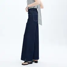 デニムワイドレッグパンツ【高腰・フィット・落ち感あり・ストレートデザイン】