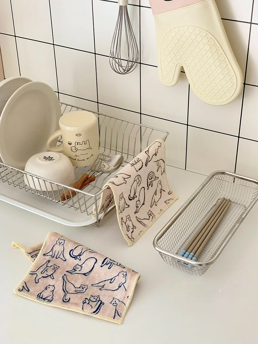 猫デザインのキッチンクロス：厚手で油汚れに強い家庭用掃除アイテム