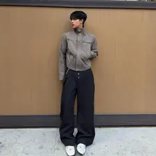 カーキ色の立襟デザイン ジャケット【解構・ショート丈・ジッパー付き・長袖】