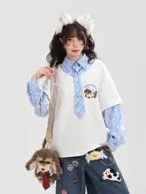 犬刺繍デザインのゆったりとしたスウェットトップス【ファッション感・カジュアルスタイル・二重素材】（セットアップ対応）
