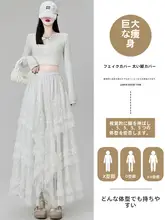 高腰Aラインレースフレアスカート【白色・中長丈・春秋用】