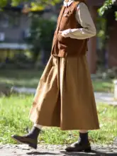 レトロな文芸風のウエストゴム百褶スカート【起毛コットン・中長丈・アカデミックスタイル】（セットアップ対応）