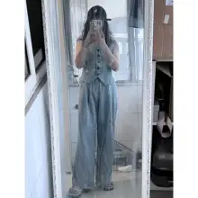 ストライプデザインの女性用ビスチェとワイドパンツ【カジュアル通勤・春夏用】（セットアップ対応）