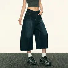 デニムパンツ レディース アメリカン風 バックウエスト レタープリント カーブドヘム ワイド 七分丈 サマー デザイン性 着回し 「Aaisup」