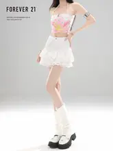 デニム ミニスカート レディース Aライン プリーツ ハイウエスト レース切り替え ふんわり ケーキ ホワイト 甘め 「Forever21」