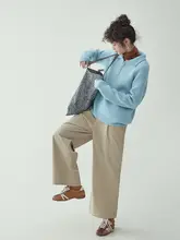 北島AMUU オリジナル シンプルブルー 半開きカラーの長袖ニットセーター【秋冬用・ゆったりフィット】