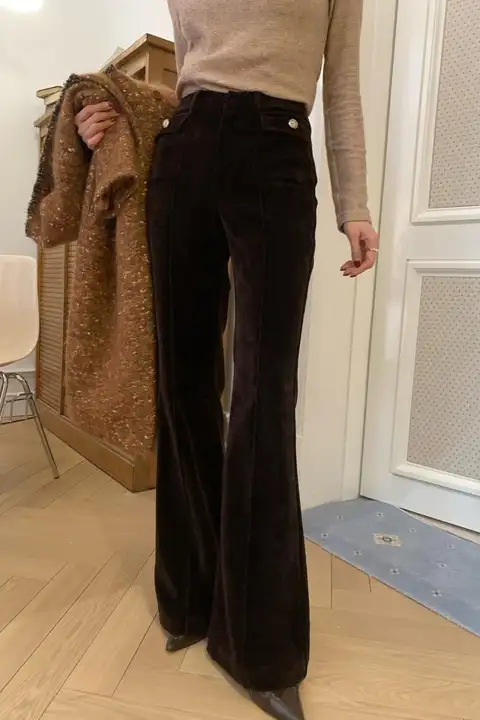 レトロ風サテンベルボトムパンツ【高腰・厚手・シルエット】
