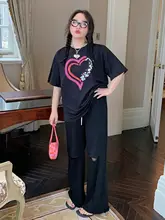 ハイウエストデニム風 ダメージ加工パンツ【夏用・カ ジュアル・レディース・ストレート・大きいサイズ】（セットアップ対応）
