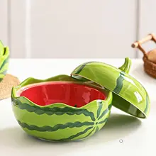 スイカデザインの陶器製丼ぶり【蓋付き・高級感のある食器】