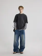 コットン100% 快適で通気性のあるストライプデザインの重ね着風Tシャツ【ラウンドネック・カジュアル】（セットアップ対応）