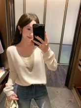 Vネックのニットトップス【落ち感のある肩袖・春用・女性用】