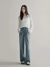 小柄向けブルー直筒デニムパンツ【春秋用・ハイウエスト・ワイドレッグ・ロング丈】