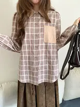 個性的なチェック柄のポケット付きシャツ【秋用・レトロ・ルーズフィット】