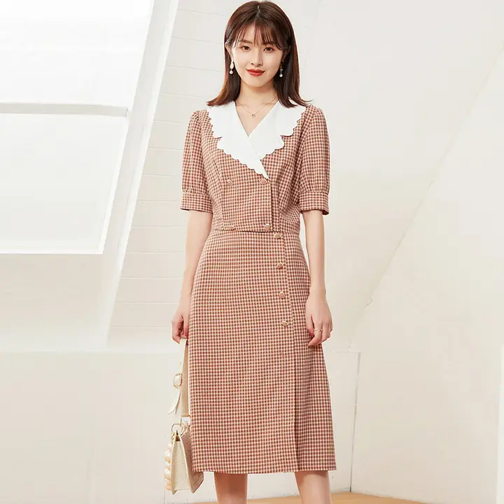 レトロチェックのAラインスカートと短袖トップス【小柄対応・ビジネススタイル・女性用】（セットアップ対応）