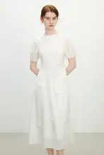 デザイン性抜群のホワイトリネン混紡ドレス【ウエストシェイプ・夏用】