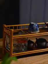 楠竹製 二段ティーカップスタンド【ガラス棚付き・収納用・多層ディスプレイラック】