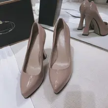 パンプス レディース ポインテッドトゥ ブロックヒール プラットフォーム エナメル 本革 ベージュ きれいめ 上品