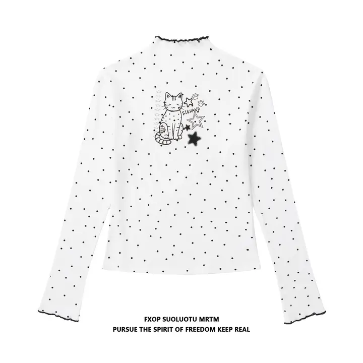 猫柄ドットデザインのハイネック長袖Tシャツ【フリル付き・女性用・短丈】