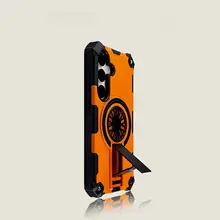 磁気吸着回転型スマートフォンケース【サムスンS25用・オレンジ・スタンド付き・四隅防護】
