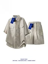 アメリカンティー染め工装シャツ【メンズ・夏用・半袖・ゆったりデザ イン】とショートパンツ（セットアップ対応）