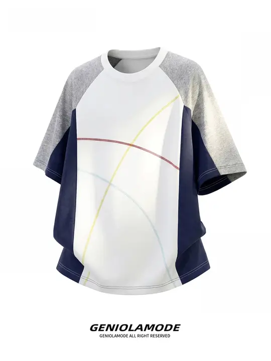 Tシャツ メンズ クルーネック パッチワーク カラーブロック ルーズ ストリート アウトドア 夏 「GENIOLAMODE」