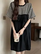 ストライプ柄 半袖 サス付ワンピース【夏用・フィット・大きいサイズ・体型カバー・エレガント】（セットアップ対応）