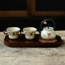 手描きのデザインが美しい陶器製ティーセット【茶器・ティーポット・ティーカップ・茶盤付き】（セットアップ対応）