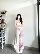 美式レトロ ピンクデニムパンツ【女性用・ハイウエスト・フィット・ストレートレッグ】