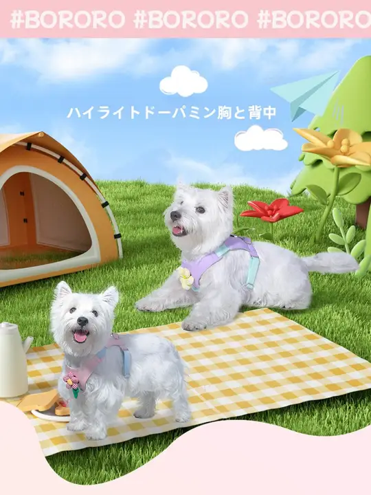 BORORO ペット用ハーネス付きリード【小型犬・胸部保護・散歩用】