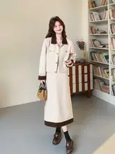 米白色の高級感あるファッションスーツスカート【春・フレンチスタイル・ショートジャケット・膝下スカート】（セットアップ対応）