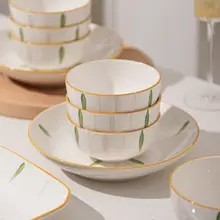 美しいデザインの陶器製食器セット【釉下彩・おしゃれな碗と皿・箸付き】（セットアップ対応）
