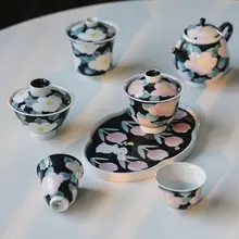 手作り陶器茶器セット【釉下彩花柄・レトロデザイン・ティーポット・カップ・トレイ】（セットアップ対応）