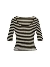 ビビッドカラーのストライプTシャツ【大きなネックライン・天絲・半袖・スタイリッシュデザイン】（セットアップ対応）