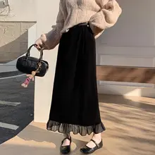木耳襟デザインのサテン風ハイウエストスカート【秋冬用・カジュアル・Aライン・スリット入り】