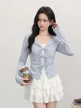 グレーのフェイク2ピースTシャツ【レース細身・リボン付き・長袖】
（セットアップ対応）