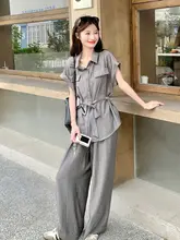 浅灰色のウエストリボン付きクールシャツとワイドパンツ（セットアップ対応）