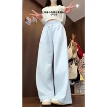 高身長向け春夏用ブルーウエストリボンパンツ【ハイウエスト・ストレート・スリム効果】
