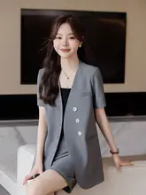 米白色 ショートスリーブ テーラードジャケット【Vネック・フィットデザイン・カジュアルファッション】（セットアップ対応）