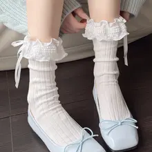 春秋用 蝶結びデザインのショートソックス【ホワイトレース・ロリータスタイル・ブラックミディソックス】