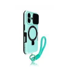 ピンクのマグネット支架付きiPhone用ケース【衝撃吸収・高級感・プル式レンズ】（セットアップ対応）
