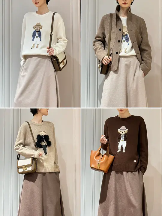 可愛いクマ刺繍入りニットセーター【中秋限定・小山羊绒・パープルラベル】