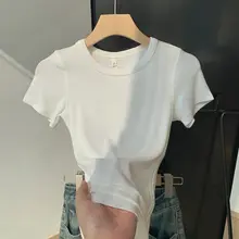 白色デザインの無地ショート丈フィットネスTシャツ【ウエストシェイプ・ショートスリーブ】